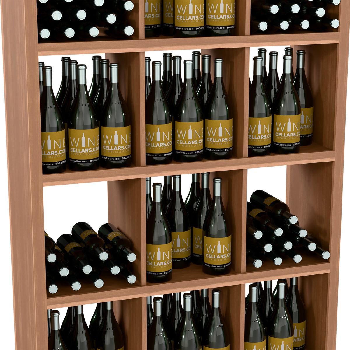 Wood wine bottle shelf with upright bottles on top rows and bottle cradles below