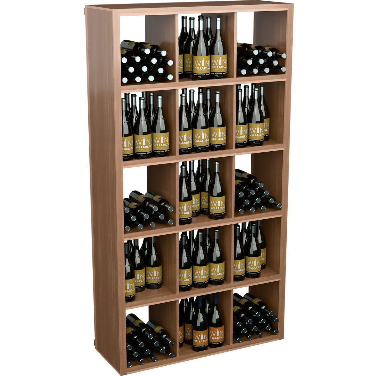 Light wood rectangular wine bottle storage cabinet with open shelves and bottle rows