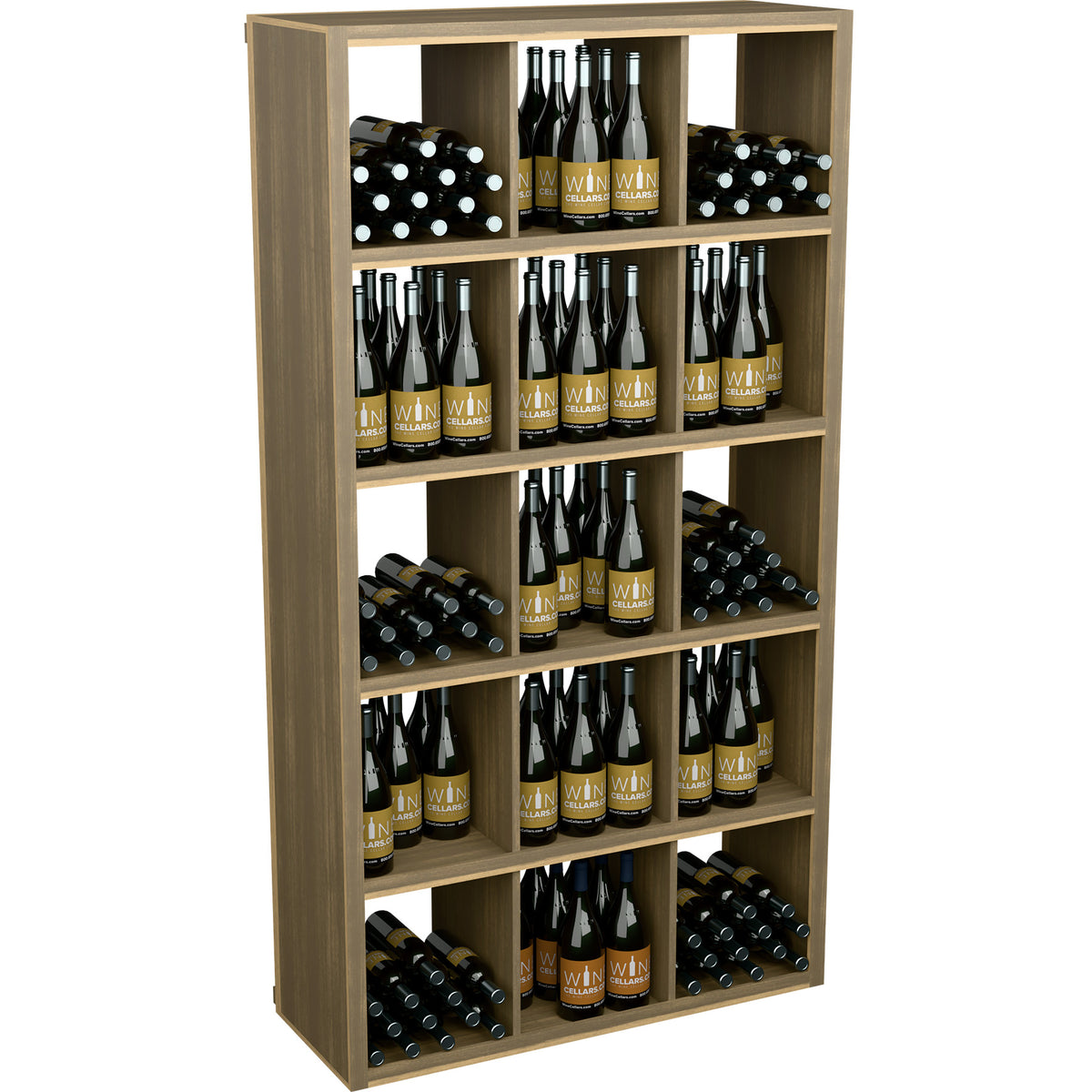 Light wood wine bottle storage cabinet with open shelves for rows of bottles