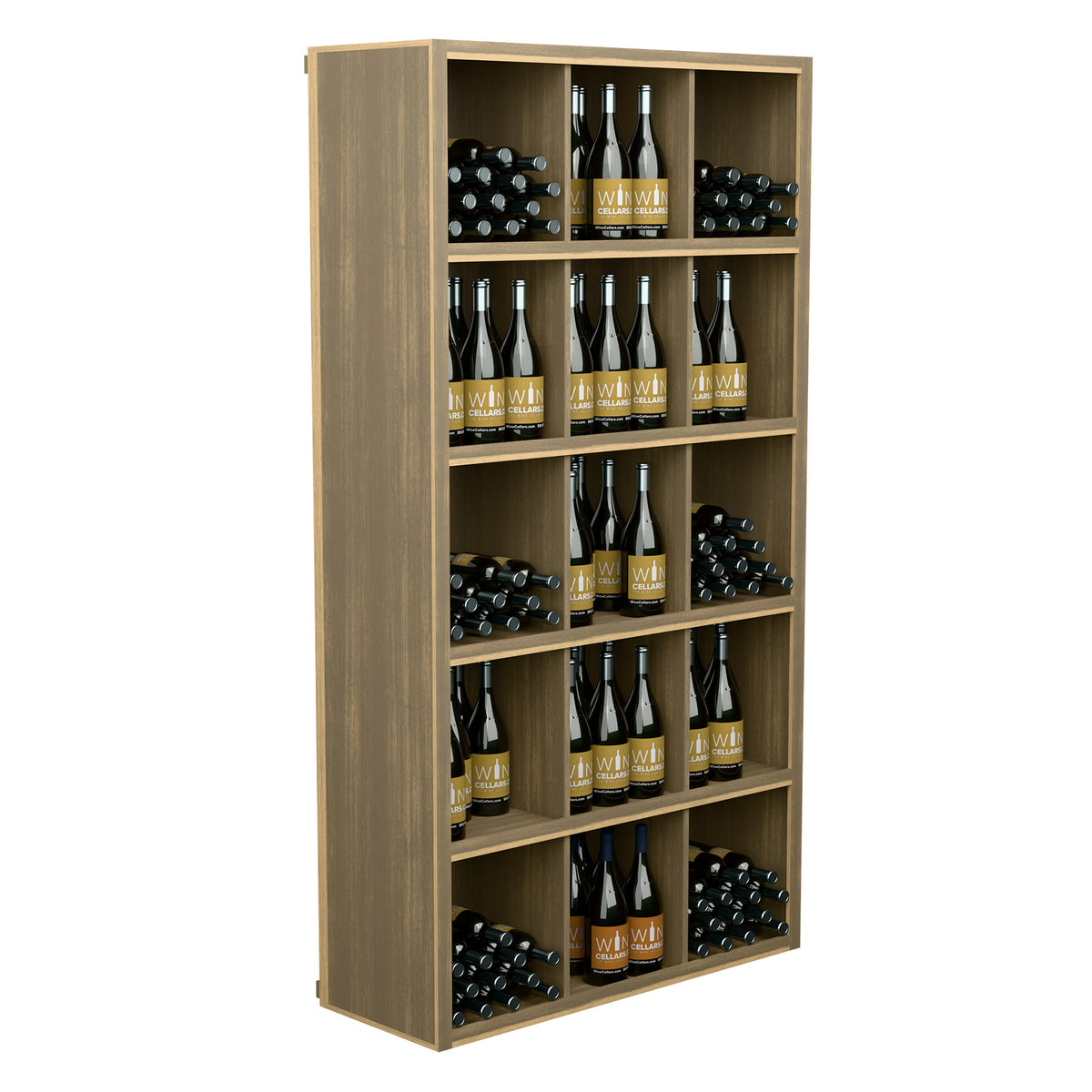 Light wood rectangular wine bottle storage cabinet with multiple open shelving rows