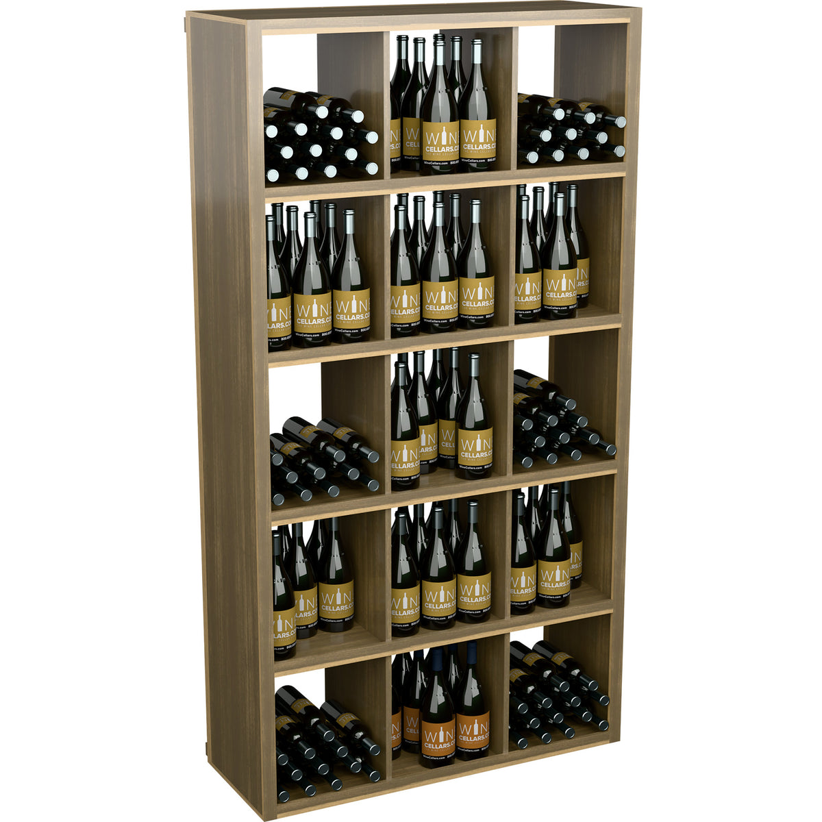 Light wood wine bottle cabinet with multiple open shelves filled with bottles and wine racks