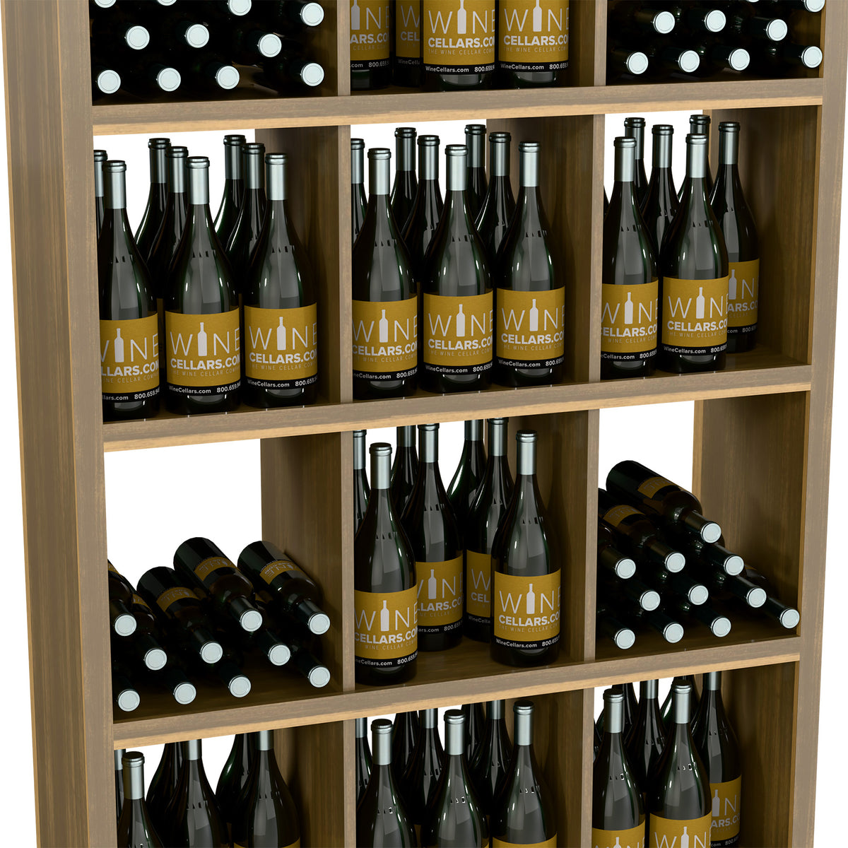 Light wood wine bottle cabinet with open shelves, rows of bottles, and cellar-style rack spaces