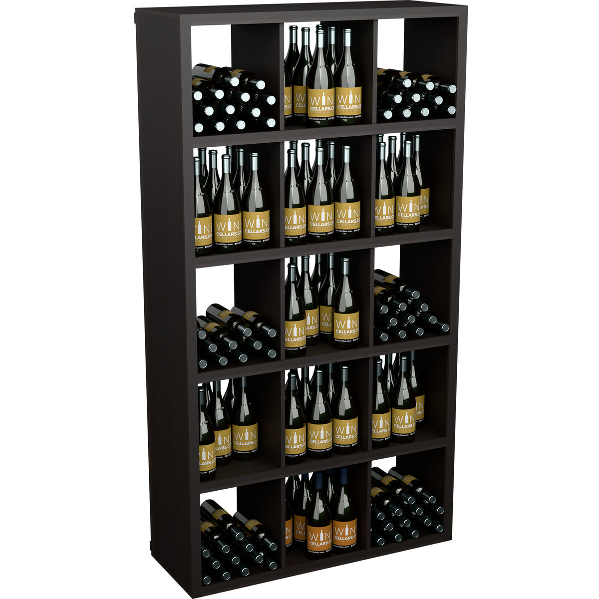Black wooden wine bottle storage cabinet with open cubby shelves holding bottles