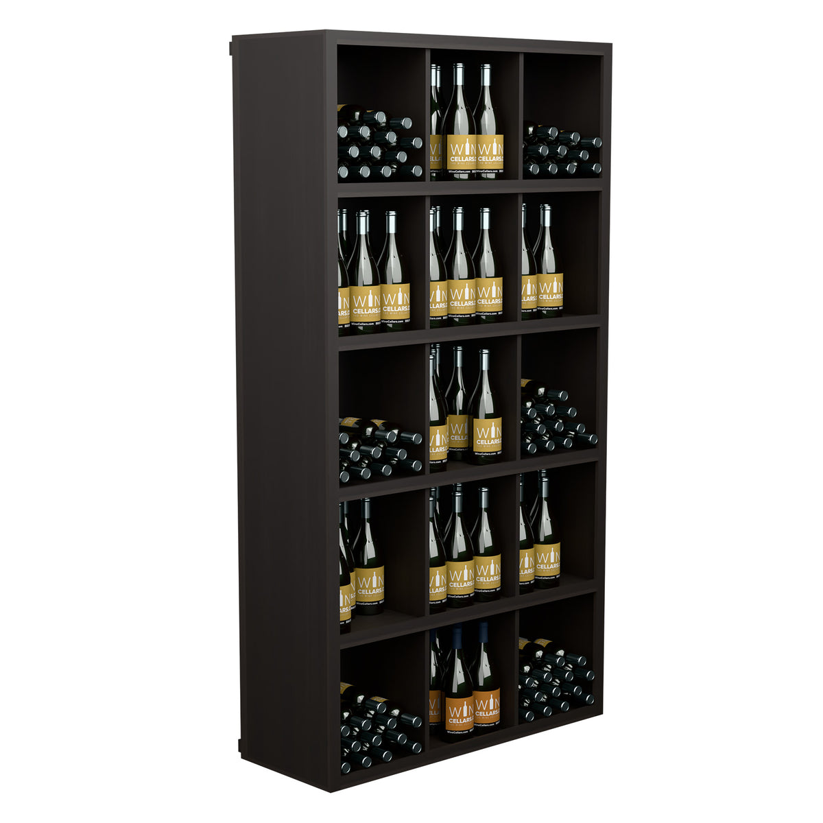 Rectangular wine bottle display shelf with dark frame and five front bottle rows