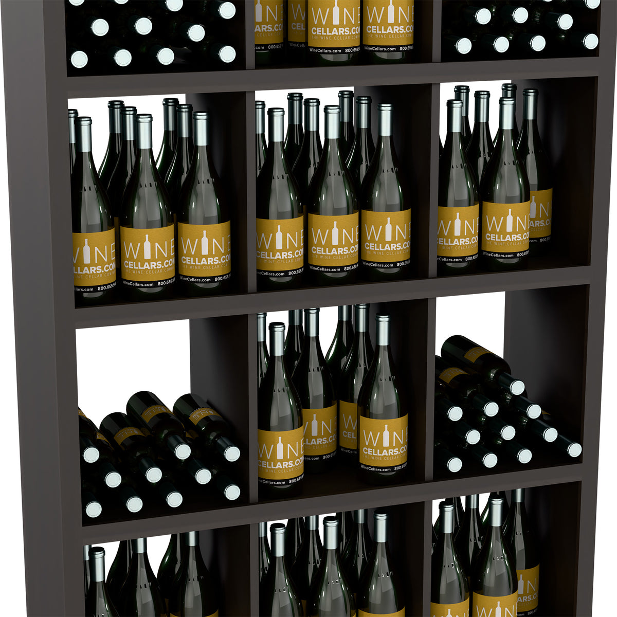 Dark gray wine bottle storage shelf with multiple rows of filled wine bottles and crates