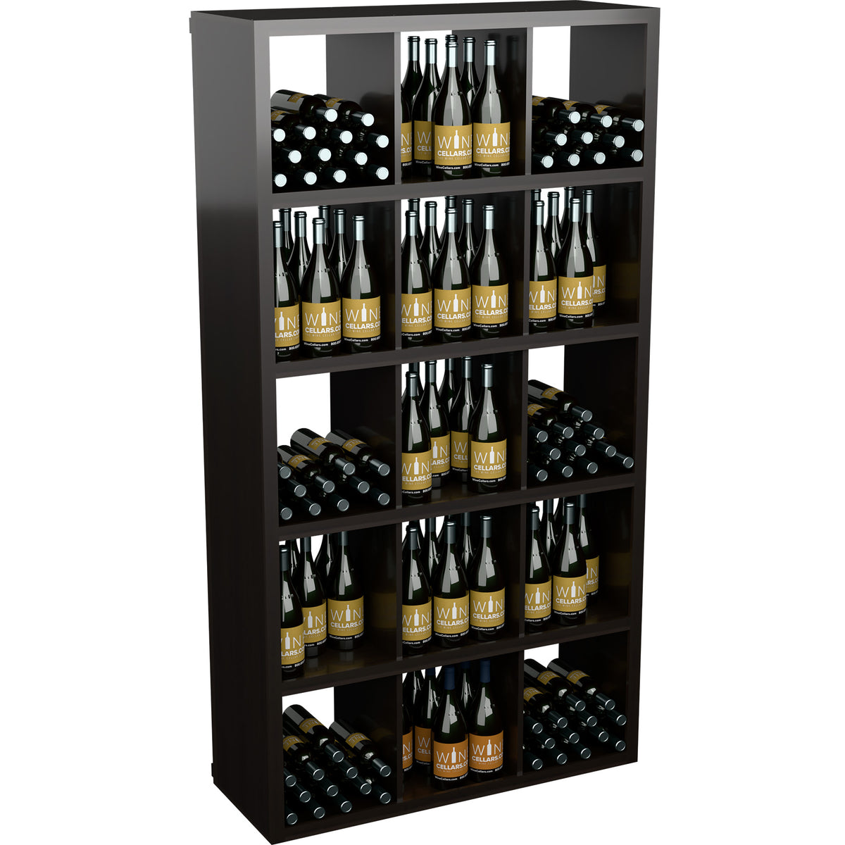Dark wood rectangular wine bottle cabinet with open shelves and bottles in front-facing rows