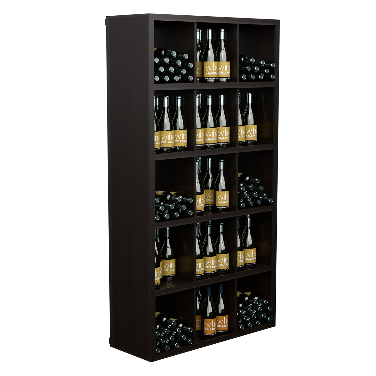 Dark wood wine bottle cabinet with open interior shelves filled with bottles and rack cells