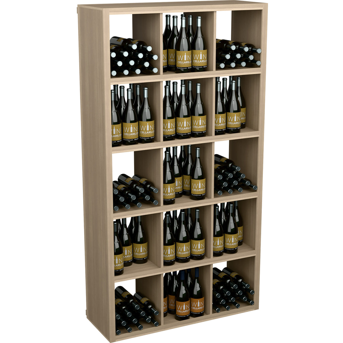 Light wood wine bottle storage cabinet with open shelving and rows of filled bottles