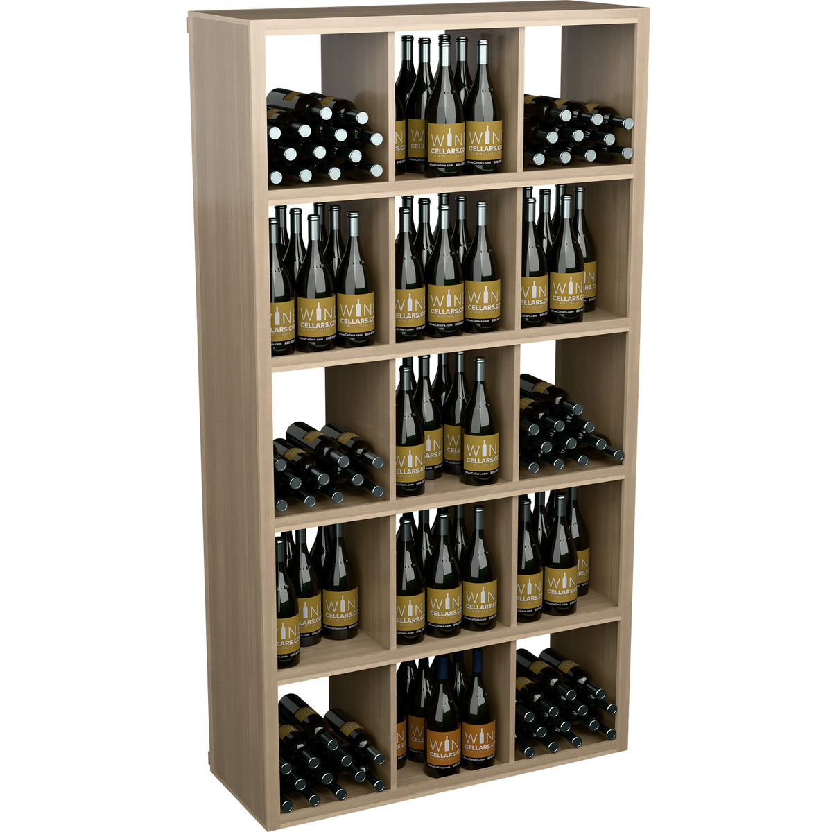 Light wood rectangular wine bottle cabinet with open shelves packed with bottles and wine racks