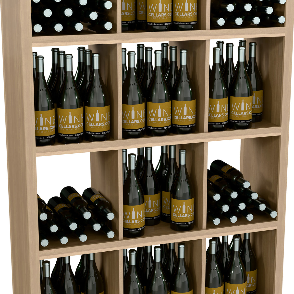 Light wood wine bottle cabinet with open shelves holding bottles and wine rack compartments