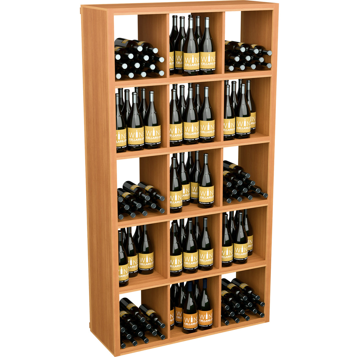 Rectangular wooden wine bottle rack with multiple open shelves filled with bottles