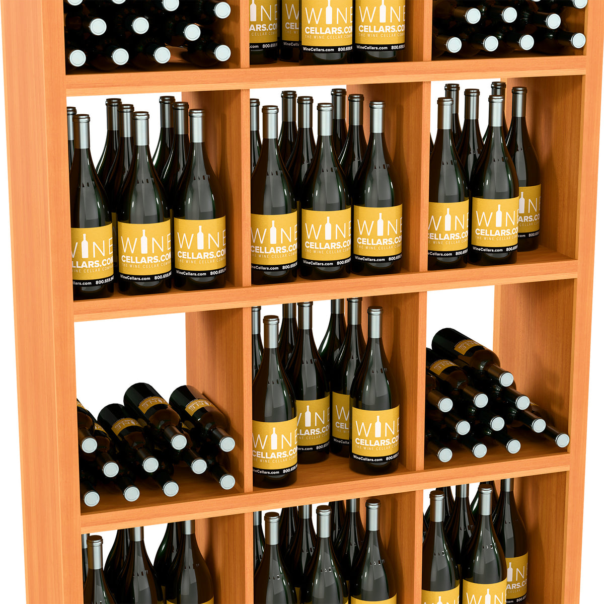 Wooden rectangular wine bottle storage shelf with open compartments and bottle rows