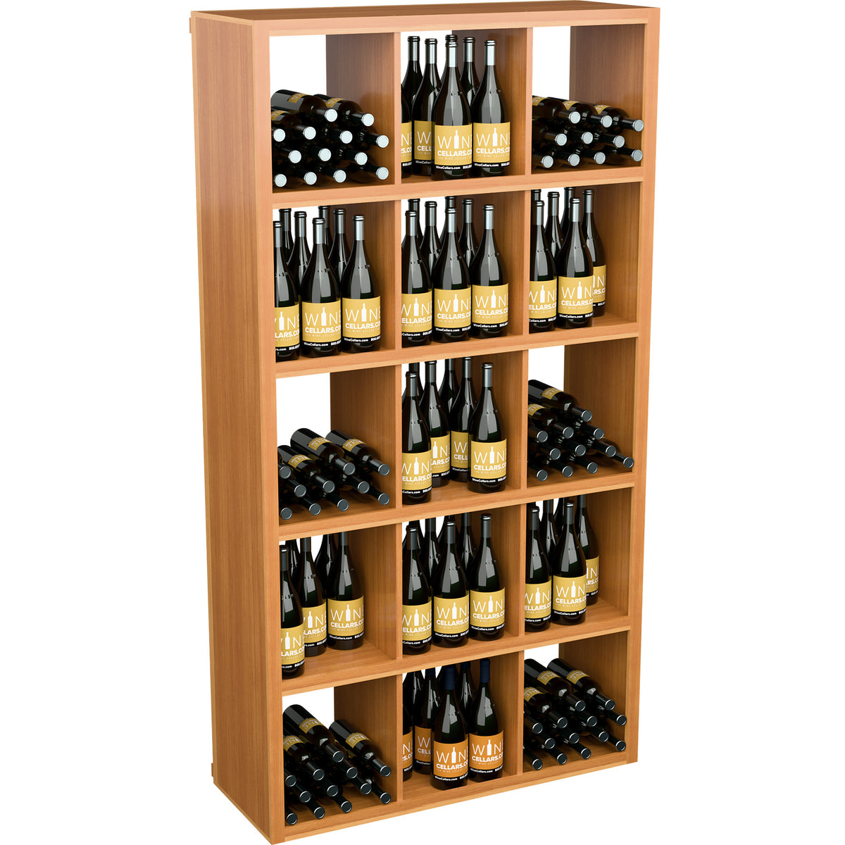Rectangular wine bottle storage shelf, open wooden cubbies holding bottles and wine racks