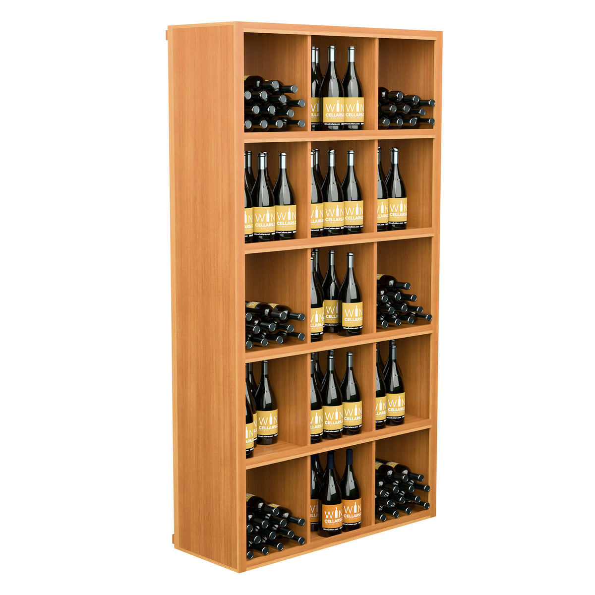 Rectangular wine bottle storage shelf with open cubbies and bottle rack rows