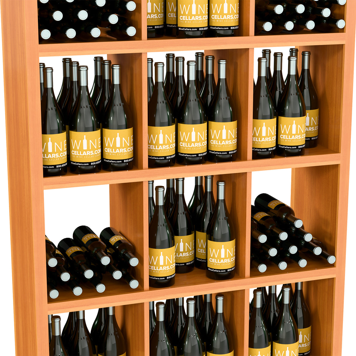 Front view of wooden wine bottle shelf with cubby rows of bottles and capped cases