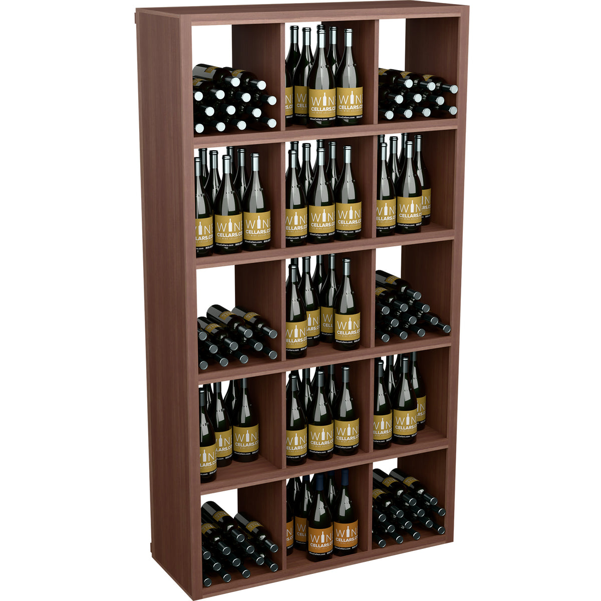 Warm brown wood wine bottle storage shelf with open compartments of filled bottles