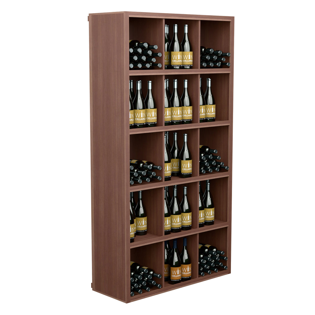 Light brown wooden wine bottle cabinet with open shelves and bottle cubbies