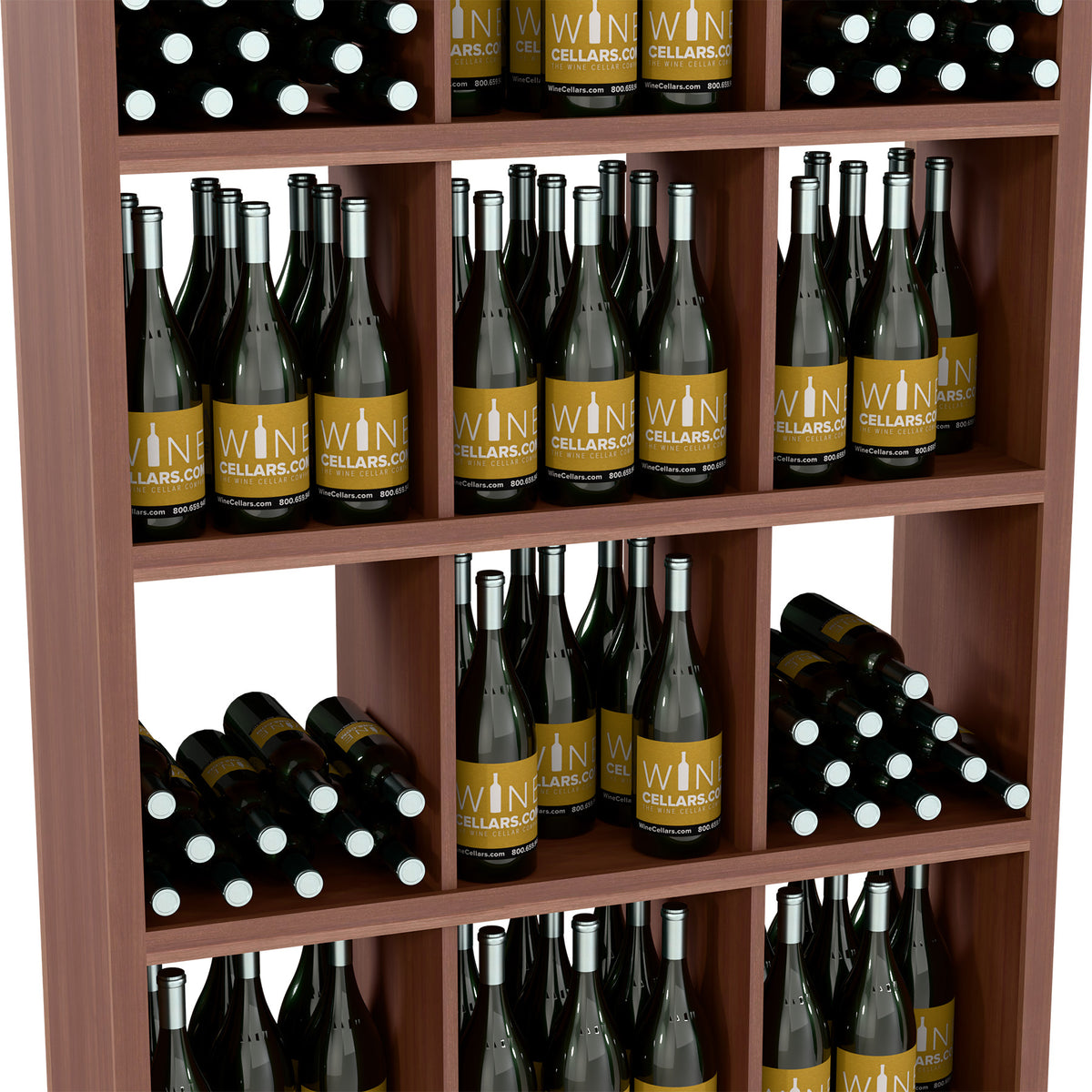 Rectangular wooden wine shelf with open cubbies, holding bottles on multiple levels