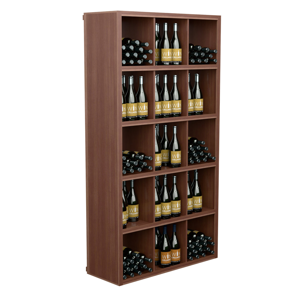 Tall wooden wine bottle shelf with multiple open cubby rows for bottles