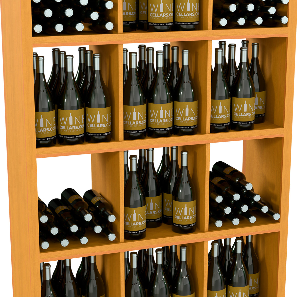 Rectangular wooden wine shelf with four open rows and bottles stored in cubbies
