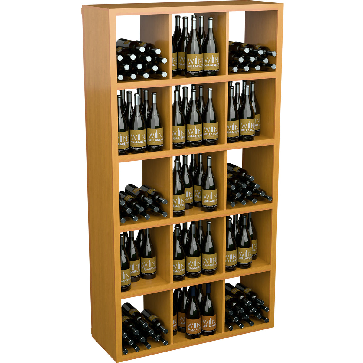 Rectangular wine bottle shelf with open cubbies and neatly stacked wine bottles