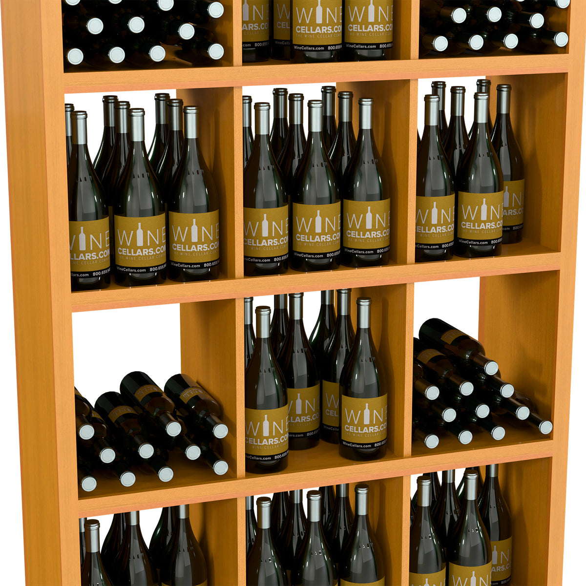 Front view of wooden wine bottle shelf with bottle cubbies and stacked cases