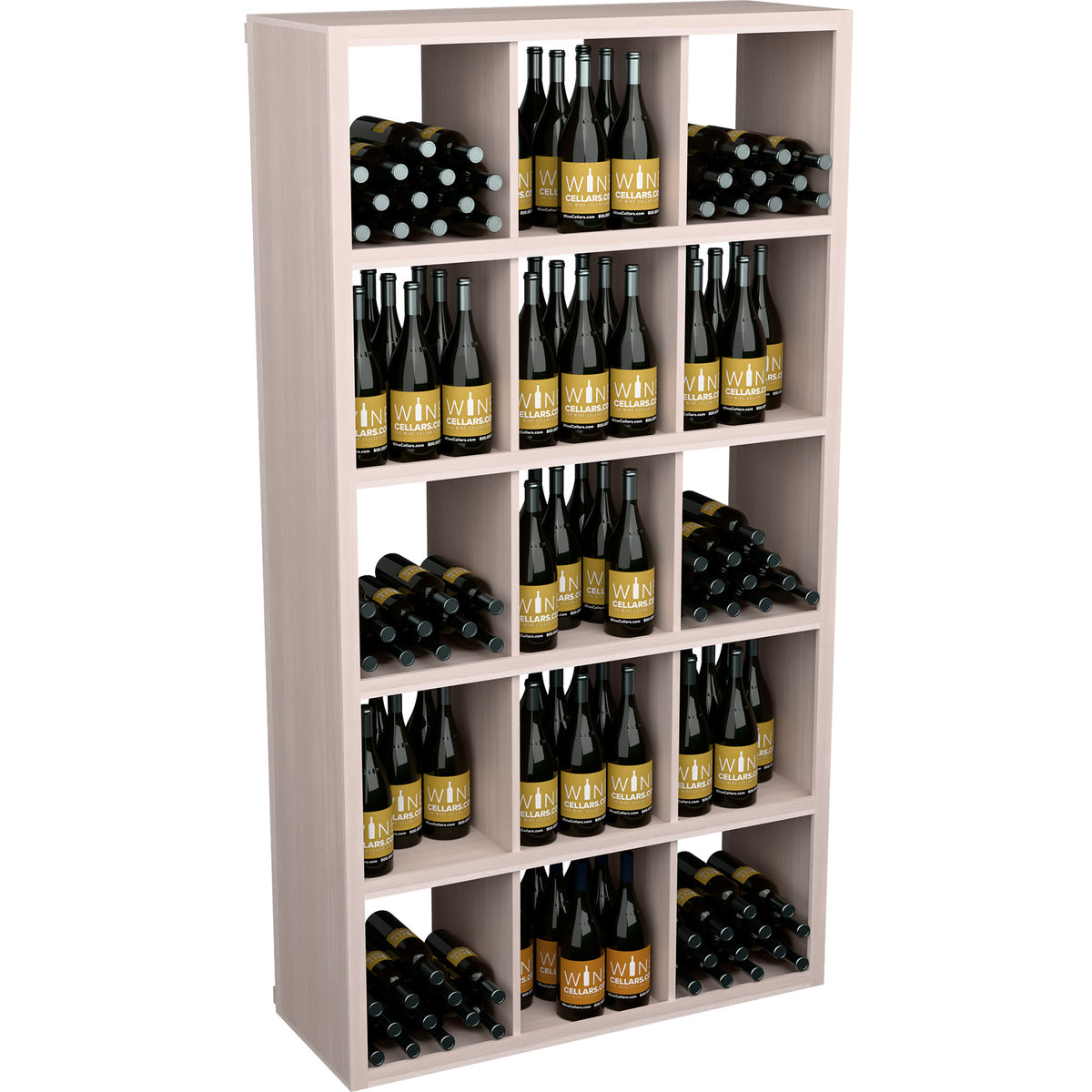 White wine bottle storage shelf with open cubbies and rows of filled wine bottles