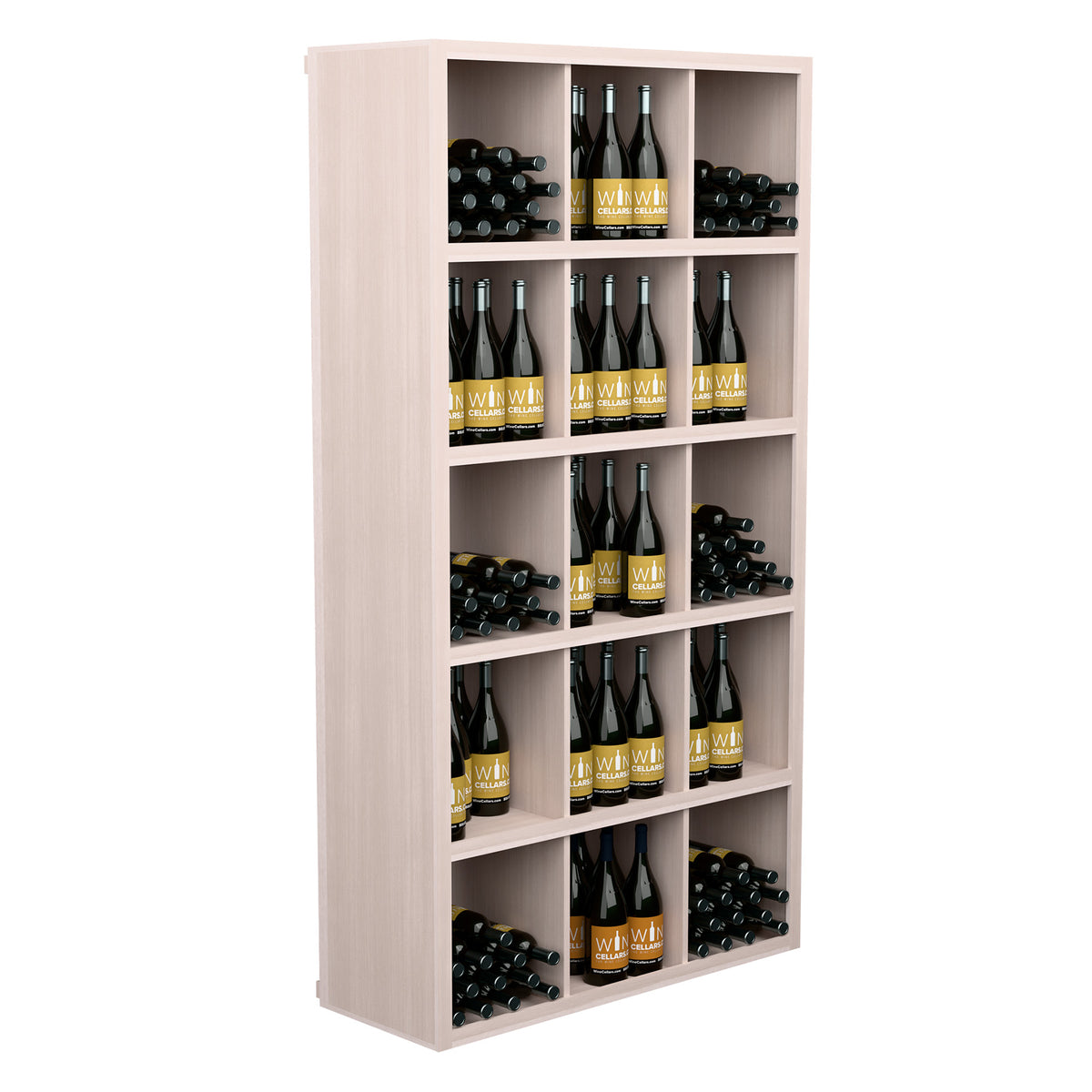 White-washed wooden wine bottle cabinet with open shelves and bottle cubbies
