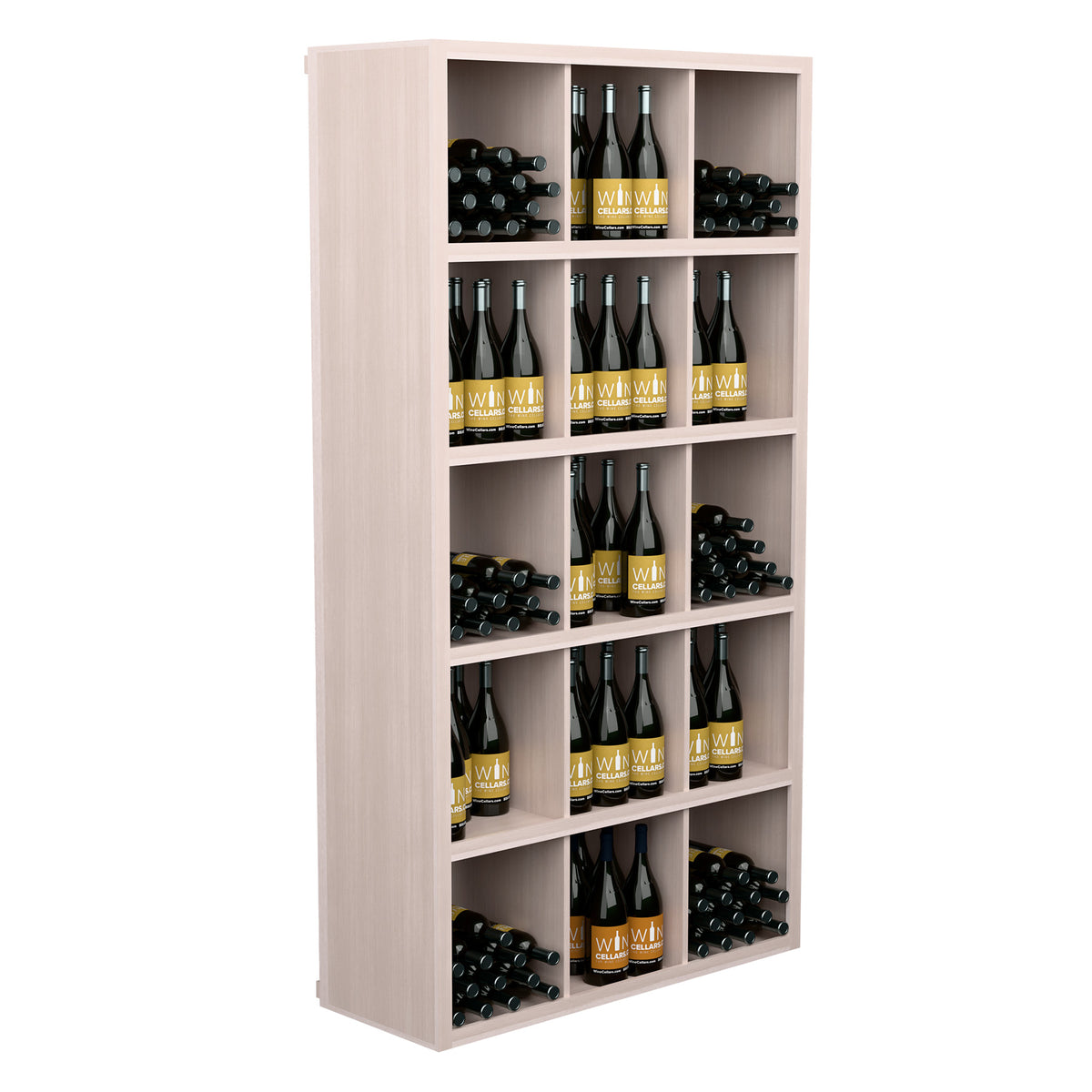 Light wood wine storage cabinet with multiple open shelves holding bottles