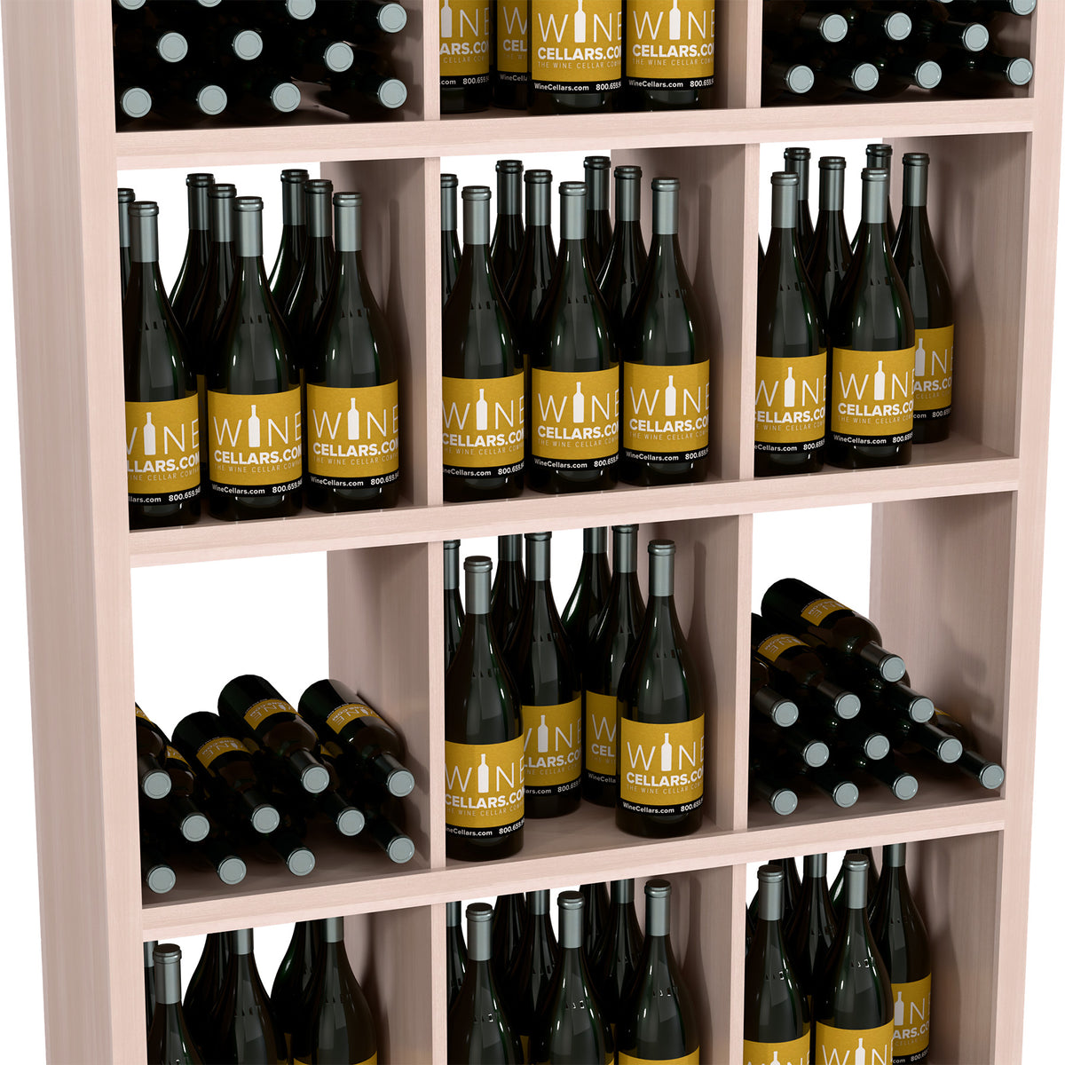 Gray wine bottle storage cabinet with open front shelves and bottle rows