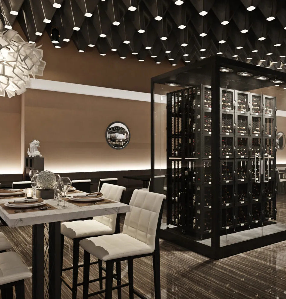 3D Rendering of an ultra contemporary Restaurant Concept Case and Crate wall
