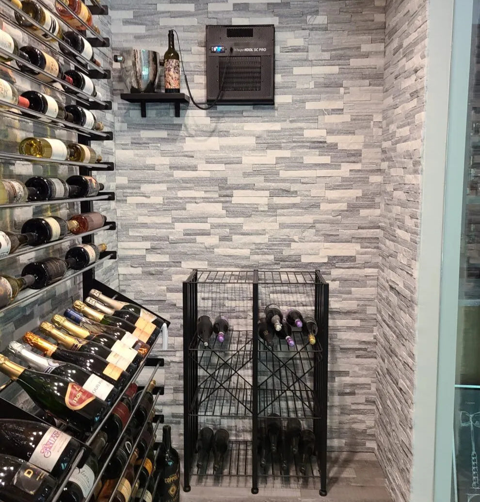 A wine room featuring a Case and Crate Bin with a Syrah Shelf