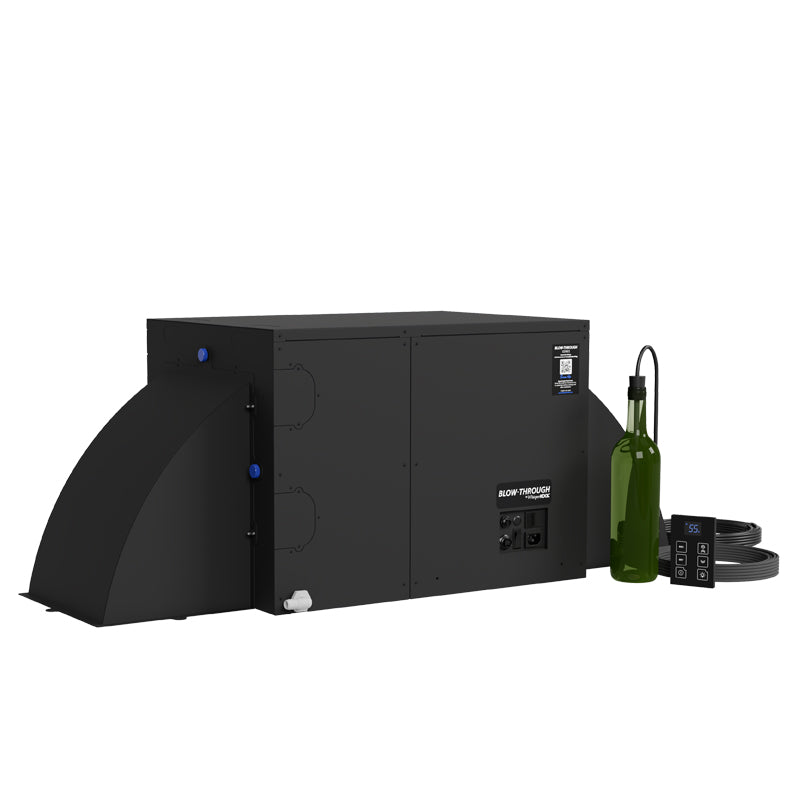 Black WhisperKOOL blow-through wine cooling system with duct shroud and accessories