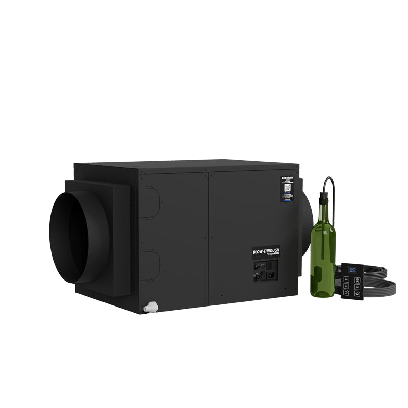 Black WhisperKOOL blow-through cooling unit with large round duct opening, plus accessories