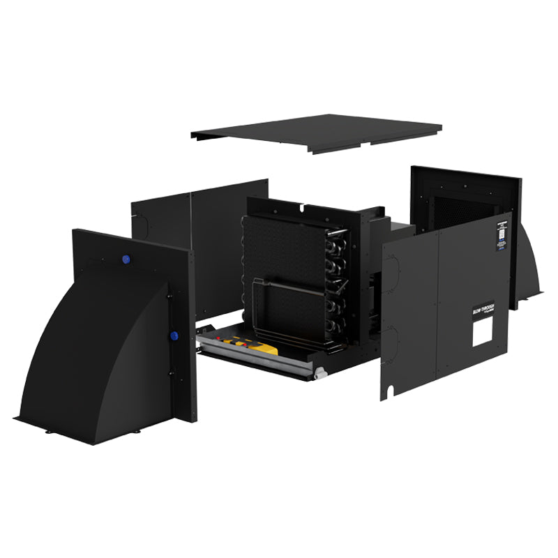 WhisperKOOL blow-through cooling unit shown with side panels open to reveal internal components