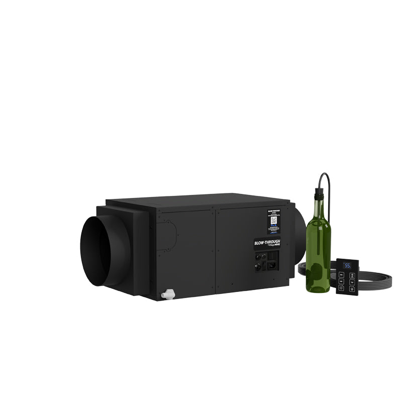 Black blow-through cooling unit with side duct outlet and control interface panel