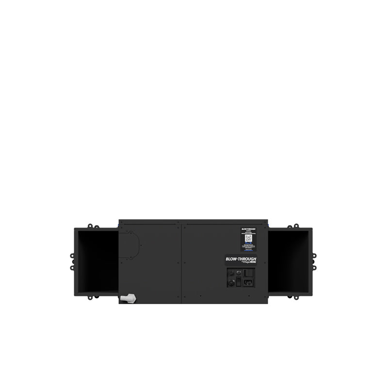 Black cooling unit rear view with ports, labels, and mounting points