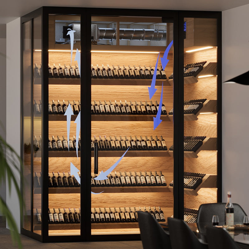 Wine cellar cooling system installed in a glass door with airflow arrows above bottles