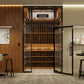 Wine cellar cooling system mounted over bottle racks behind open sliding glass doors