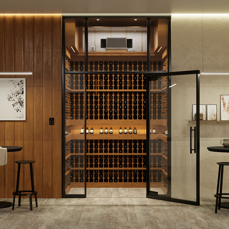 Wine cellar cooling system mounted over bottle racks behind open sliding glass doors