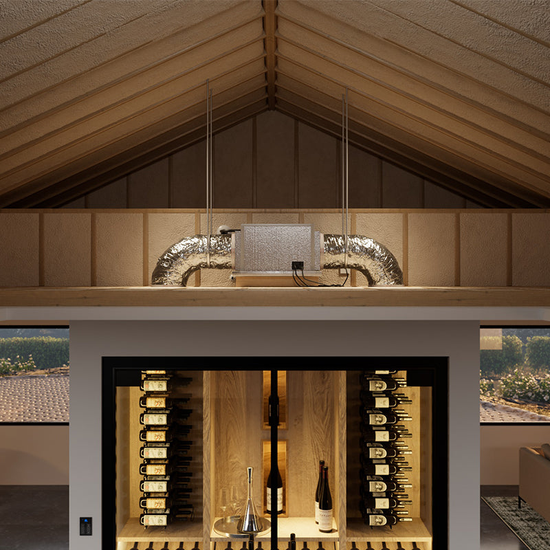 Ducted wine cellar cooling system with insulated ducting mounted in a ceiling niche