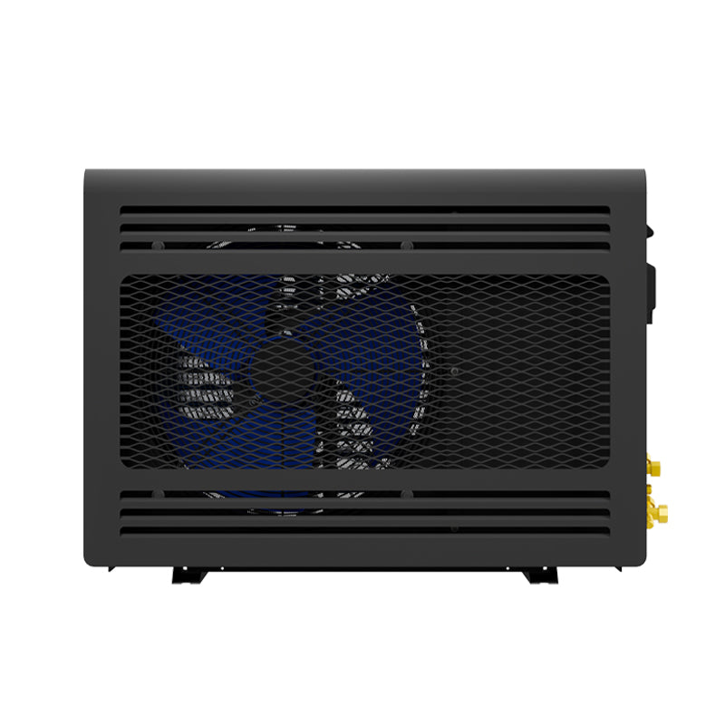 Mini blow-through cooling unit with front grille and visible blue fan mesh