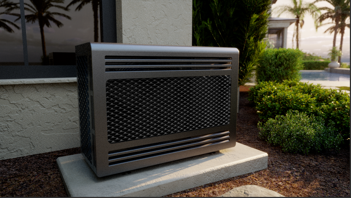 Outdoor cooling condenser with front grille on a concrete base