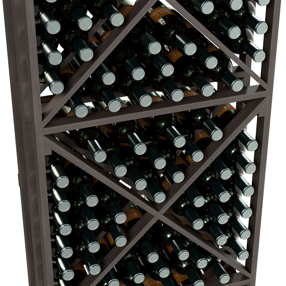 Lattice wine bottle rack close-up with black frame and multiple dark bottles with silver caps