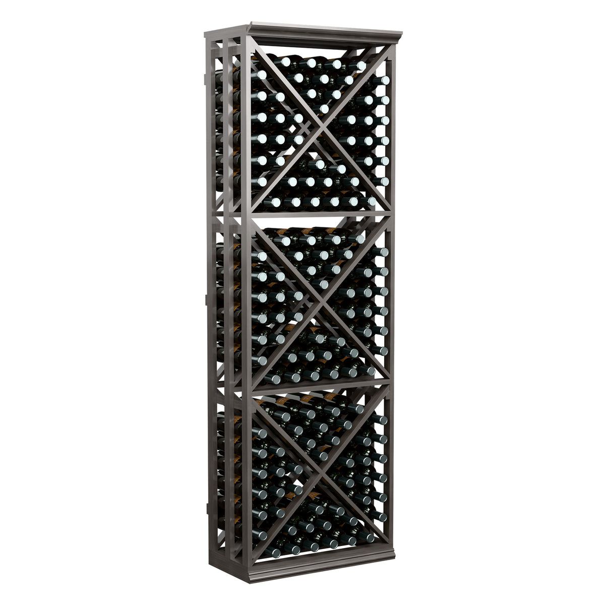Lattice wine bottle storage rack, black frame with crisscross shelves, bottles inside