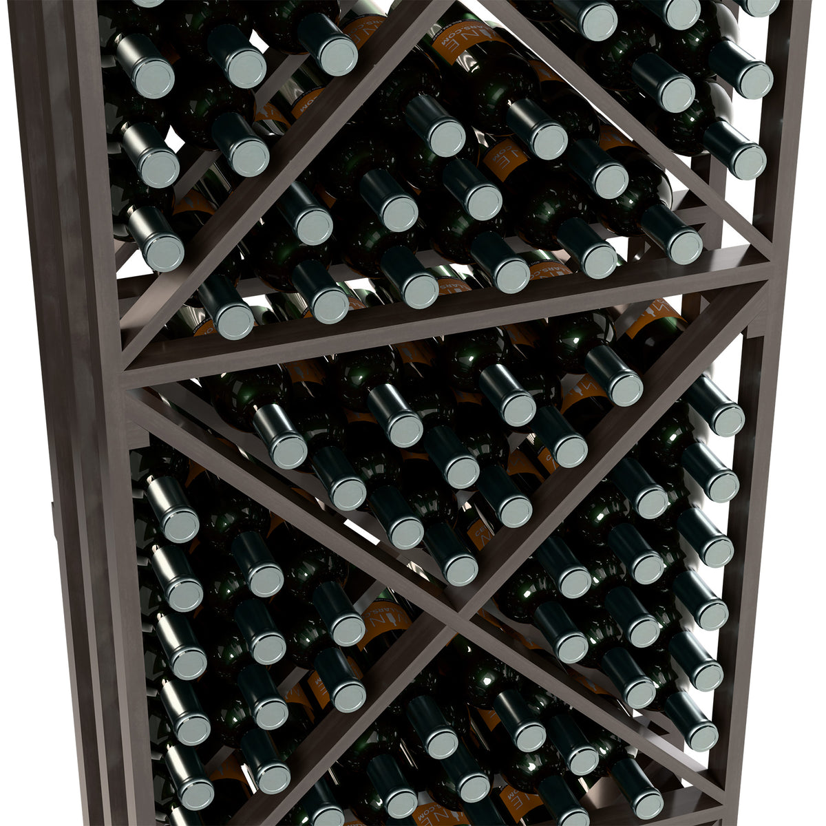 Close-up of black lattice wine rack showing dark bottles and silver bottle caps