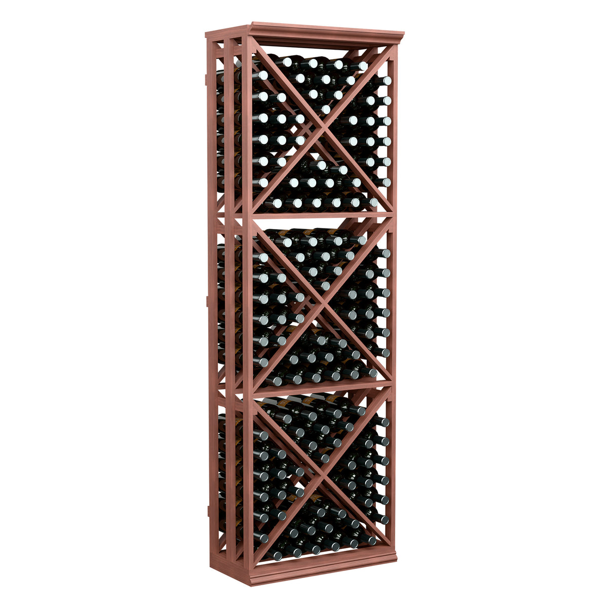 6ft lattice wine bottle storage rack with six rows, reddish-brown frame, bottles visible