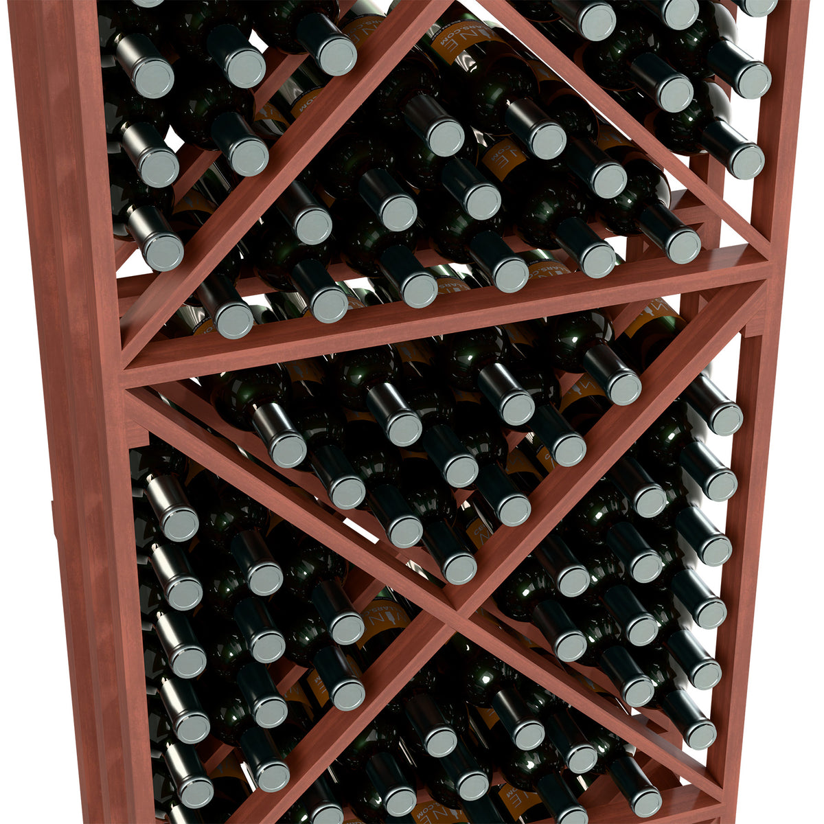 Lattice wine bottle rack close-up with reddish-brown frame and dark bottles with silver caps