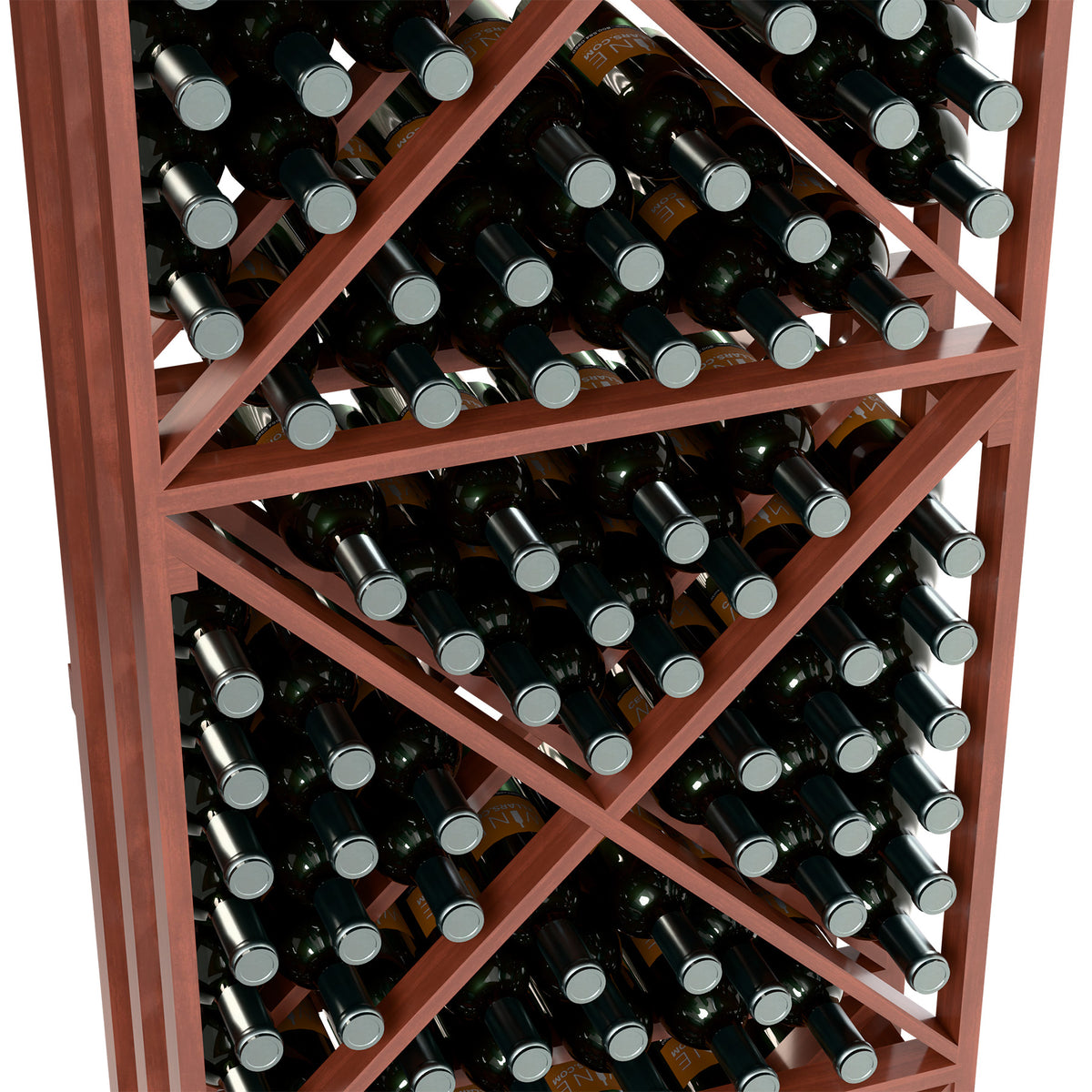 Close-up of reddish-brown lattice wine rack with dark bottles and silver bottle caps