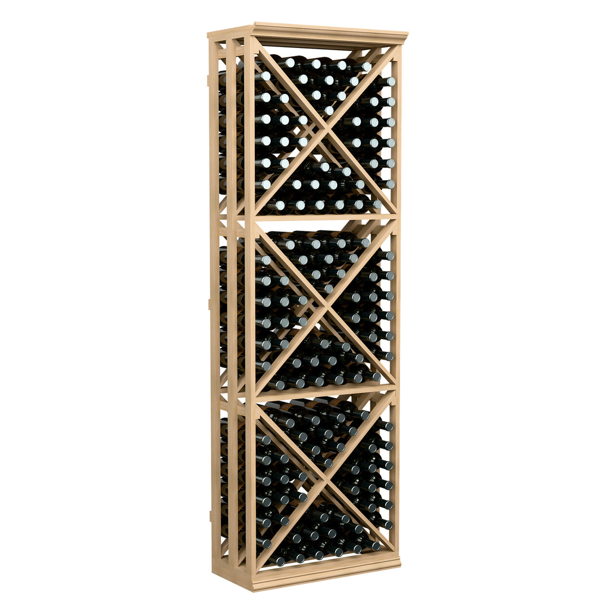 6ft lattice wine bottle storage rack with six rows, light wood frame, bottles visible